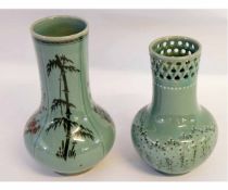 Pair of vases, one with pierced neck decorated with flowers on a celadon ground, together with a