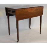 Georgian mahogany and satinwood inlaid drop leaf Pembroke table fitted with single drawer to end