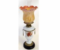 Victorian French oil lamp on a black slag glass base with an opaque glass body with painted portrait