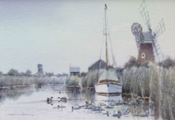 COLIN W BURNS (born 1944) "Thurne moorings" watercolour, signed lower left 13 x 16cms