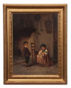 JULES ERNEST DEVAUX (19th/20th CENTURY) "Feeding the doll" oil on panel, signed lower right 32 x