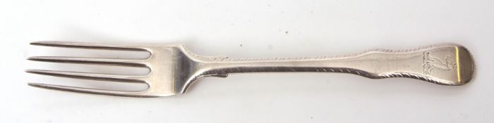 George III provincial "Scottish Fiddle" pattern dinner fork, crested with feathered edge to narrow