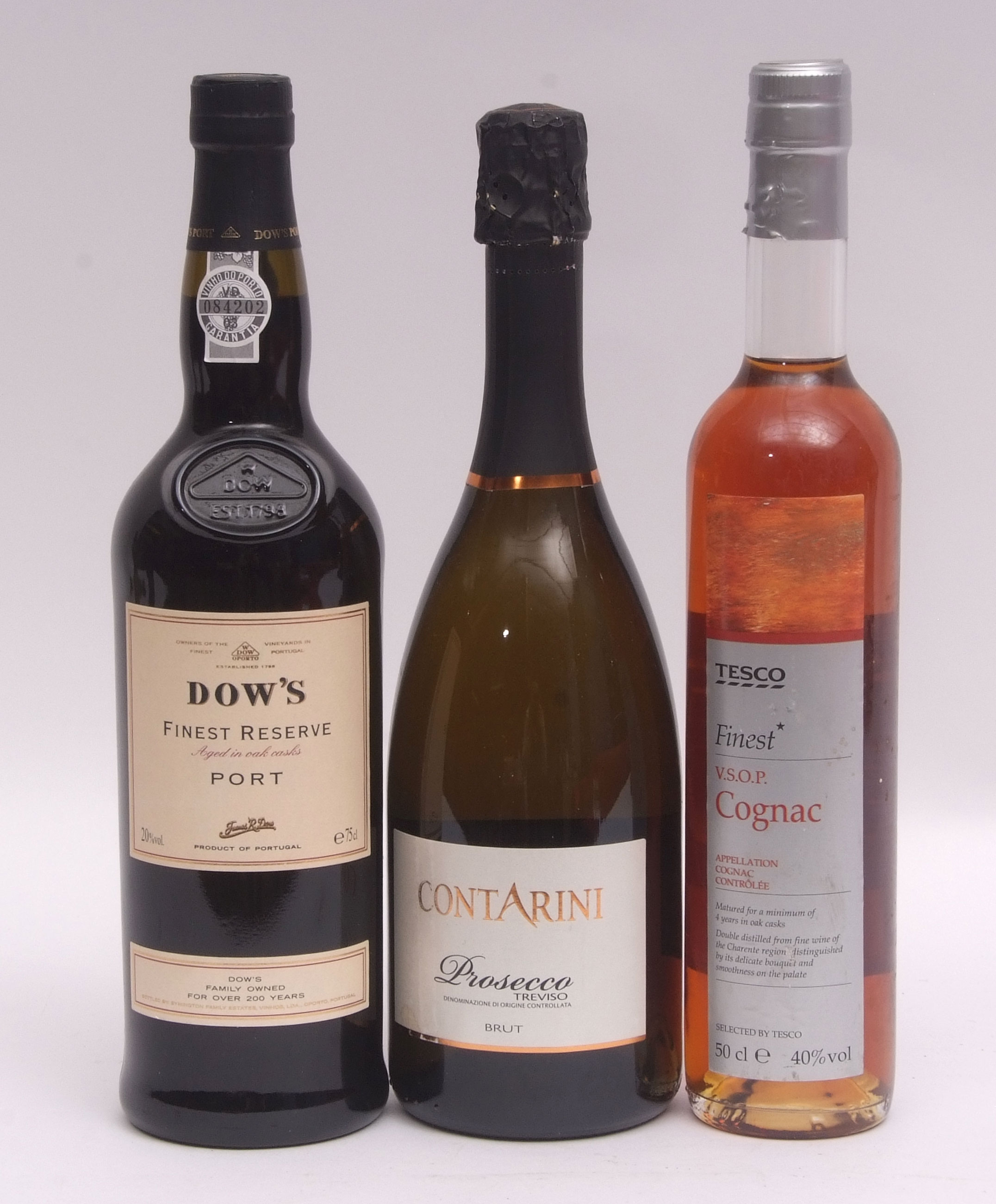 Dow's Finest Reserve Port, Tesco Finest VSOP Cognac 50cl, Contarini Prosecco, 1 bottle of each (3)