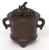 Chinese high copper content bronze censer and cover, the body with two loop handles, the lid