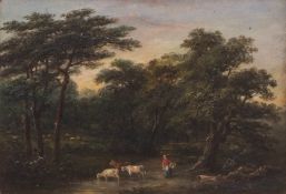 ROBERT BURROWS (1810-1883) Country landscape with figure and cattle oil on board, signed lower