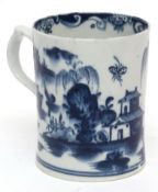 Early Lowestoft mug, circa 1762, decorated in tones of dark blue with a pagoda and willow tree and