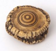 Late 19th century stag antler mount snuff box of shaped form with ring turned detail, width 6cms