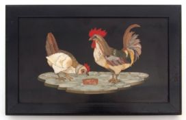 Late 19th century framed pietra dura panel, the rectangular panel depicting a cockerel and hen