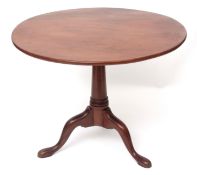 Late 18th/early 19th century mahogany circular pedestal table, gun barrel column and tripod base