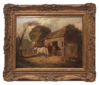 ATTRIBUTED TO WILLIAM SHAYER (1788-1879) Figures and horses before a thatched barn oil on canvas