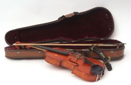 A violin labelled "Francois Barzoni a Chateau Thierry" in a modern case, with bow, 59cms long