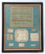 First half of 19th century framed sampler and sewing display, the ebonised and reeded rectangular