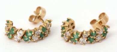 Pair of 18ct gold diamond and emerald curved half-hoop earrings, post fittings, gross wt 3 1/2gms