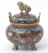 Japanese cloisonne enamel Koro and cover with tripod legs, loop handles and Shishi finial, decorated
