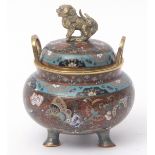 Japanese cloisonne enamel Koro and cover with tripod legs, loop handles and Shishi finial, decorated