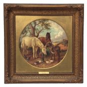 CIRCLE OF JOHN FREDERICK HERRING (1795-1865) Horses, donkey and chickens by a barrow oil on panel,