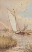 STEPHEN JOHN BATCHELDER (1849-1932) Wherry on the Broads with windmill and rainbow watercolour,