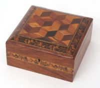 Tonbridge ware box of square form, the raised lid central parquetry panel within a typical Tonbridge