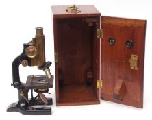 Early 20th century black and lacquered brass finished monocular microscope, Reischert - Wien, No