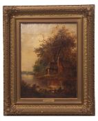 JOHN MOORE OF IPSWICH (1820-1902) River scene with cottage oil on panel 27 x 20cms