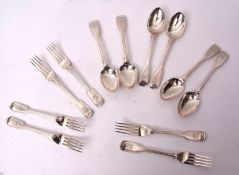 Mixed Lot: six each double struck Fiddle and Thread pattern dessert forks and spoons, the forks