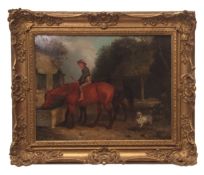 ENGLISH SCHOOL (19TH CENTURY) Figure with horses and dog by a trough oil on board 34 x 44cms