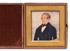 ENGLISH SCHOOL (19TH CENTURY) Naval Officer with telescope miniature watercolour, in folding leather