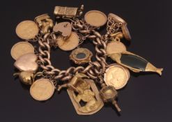 9ct gold charm bracelet suspending seven full sovereigns and one half sovereign, each in scroll