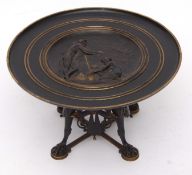 Unusual gilt and patinated bronze tazza, the circular top inscribed "Sacrificium Laribus Super via