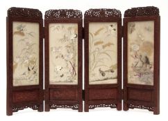 Chinese miniature hardwood framed table screen of four folds, each with intricate silk