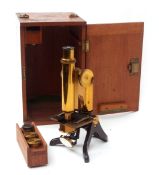 Late 19th century patinated and lacquered brass monocular microscope, Henry Crouch - London, 9231,