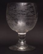 Early 20th century cut bowled goblet, diamond point engraved with a fishing scene (probably engraved