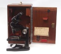 Mid-20th century mahogany cased binocular microscope, W Watson & Sons Ltd - London, 114989, the