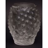 Lalique France frosted glass vase, the body ornately moulded and decorated with coiled fish, 13 1/