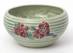 Green ribbed fruit bowl with applied flowers, 18cms diam