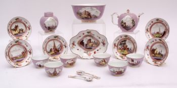 Meissen part tea set, probably 18th century, comprising tea pot, caddy, spoon tray, slop bowl and
