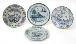 Collection of four Delft plates, Liverpool or Dublin, comprising an octagonal example and three