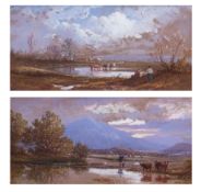 EDWARD HARGITT (1835-1895) River landscapes with figures and cattle pair of watercolours, both