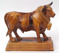 Portuguese Caldas pottery brown glazed Palissy type model of a bull on a rectangular plinth with