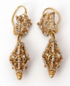 Pair of high grade yellow metal and seed pearl earrings, lantern shaped with pierced scroll and