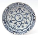 Mid-18th century Lambeth Delft dish decorated in blue with a Chinese (Kangxi) porcelain design,