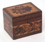 Tonbridge ware tea caddy of rectangular form, the lid inlaid with central floral motif within a