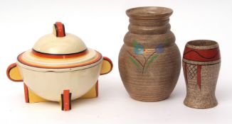 Baluster ribbed vase in Goldstone pattern, together with a further smaller vase and tureen with