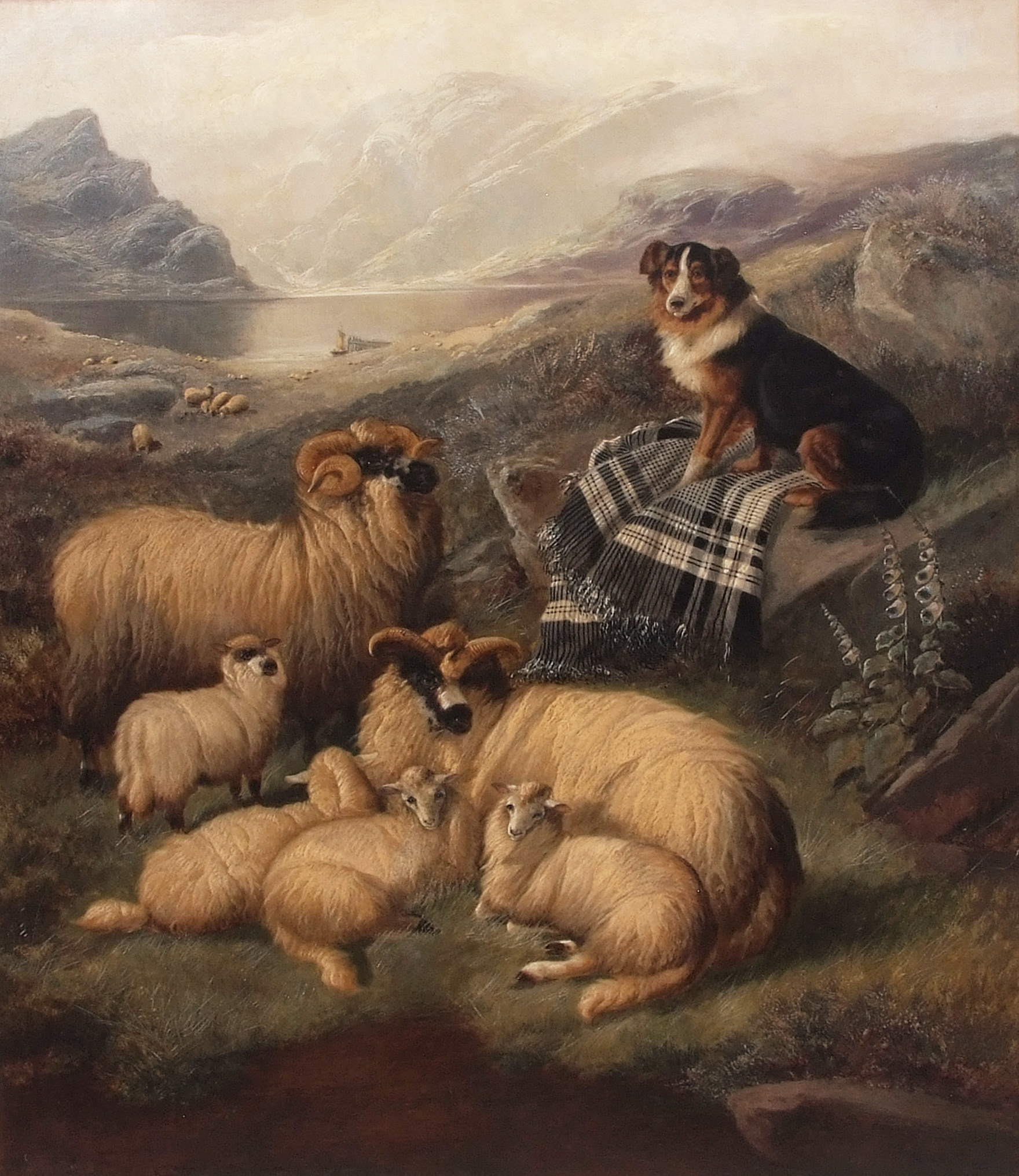 JOHN CHARLES MORRIS (act 1851-1889) Extensive Scottish landscape with sheep and collie dog oil on