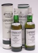 Laphroaig Single Islay Malt Scotch Whisky 10 years old, 2 bottles in tubes, 75 and 70cl