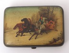 Early 20th century Russian lacquer decorated cigarette box of hinged rectangular form, the cover