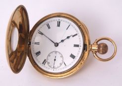 First quarter of 20th century 18ct gold half hunter keyless lever watch, the frosted gilt and