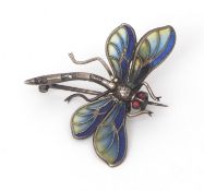 Vintage Plique-a-Jour dragonfly brooch, the outstretched wings set with translucent blue and green