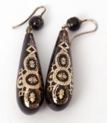 Pair of Victorian pique and gold torpedo earrings, 4cms long, with ball finials and shepherd hook