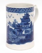 Impressive large Lowestoft tankard, circa 1780, printed in underglaze blue with the so-called temple